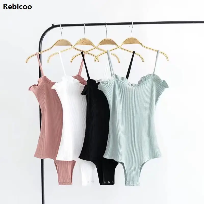 

Fashion Women Bodysuits 2019 Knitted Sexy Spaghetti Strap Stretch Ruffles Fitness Female Jumpsuit Rompers 2B03
