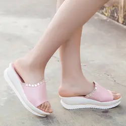 Модные женские туфли летние кожаные сандалии с хрустальными камнями, шлепанцы обувь на клиновидной платформе (36, розовый)