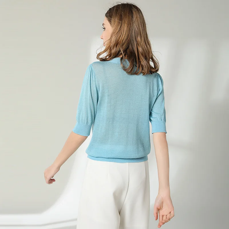 Knitting shirt woman light weight fabrics knitted shirt 93%Wool half sleeve bow sweater shirt women spring and summer 1913 Knitting shirt woman light weight fabrics knitted shirt 93%Wool half sleeve bow sweater shirt women spring and summer 1913