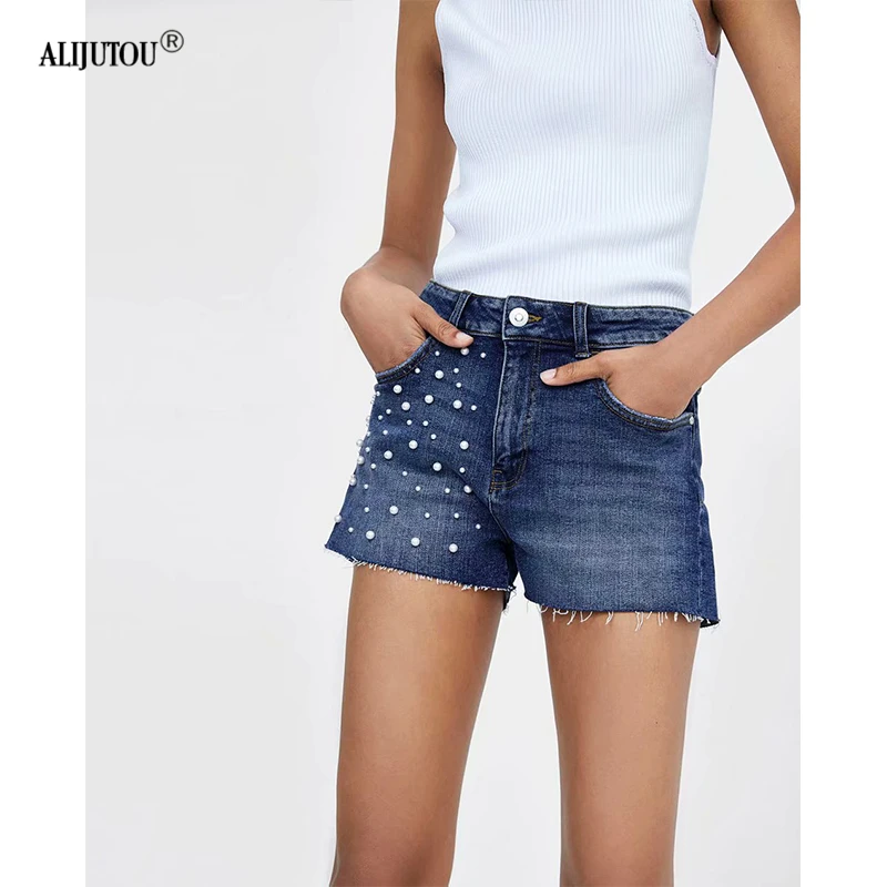 zaraing Women's mid Waist Denim Shorts 2019 Peals Beaded Ripped Jeans Shorts Fashion Brand Sexy Hot Femme Casual Denim Shorts