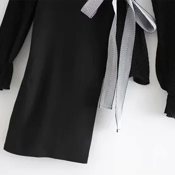 

Fashion Female V-Neck Long Sleeve Black Shirts Patchwork Spring Ladies Irregular Lace-Up Thin Blouse