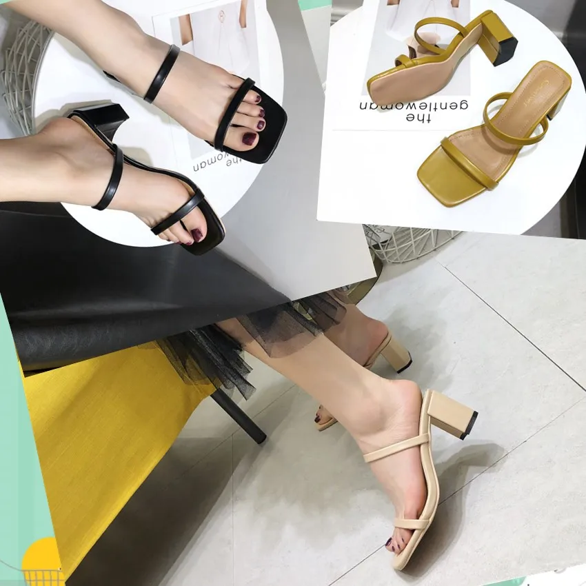 

Summer Sandals Peep-toe High-heeled Women Cool Slippers Square Heel Slides