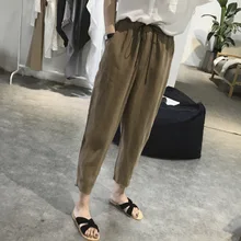 Summer Women Cotton Linen Pants Casual Harem Pants Drawstring Elastic Waist Pants Plus Size Female Trousers plus size drawstring pu leather tapered pants
