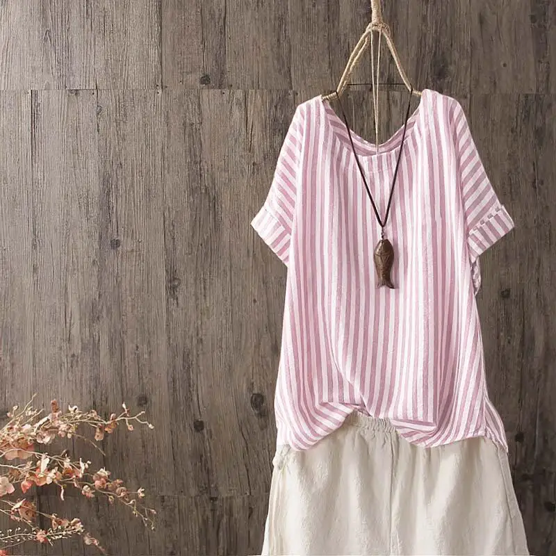 ZANZEA 2019 الصيف المرأة س الرقبة قصيرة الأكمام مخطط قميص عارضة خمر بلوزة السيدات العمل OL Blusas قميص فضفاض أعلى تونك