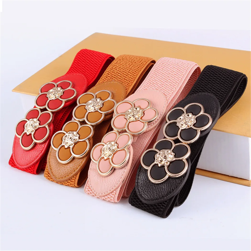 Fashion Women Belt Cummerbund Flower Buckle Elastic Wide Belts Vintage