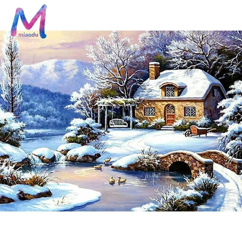 MIAODU, Алмазная мозаика, снежный пейзаж, 5D, сделай сам, алмазная живопись, зимняя, полная, квадратная, дрель, стразы, домашний декор