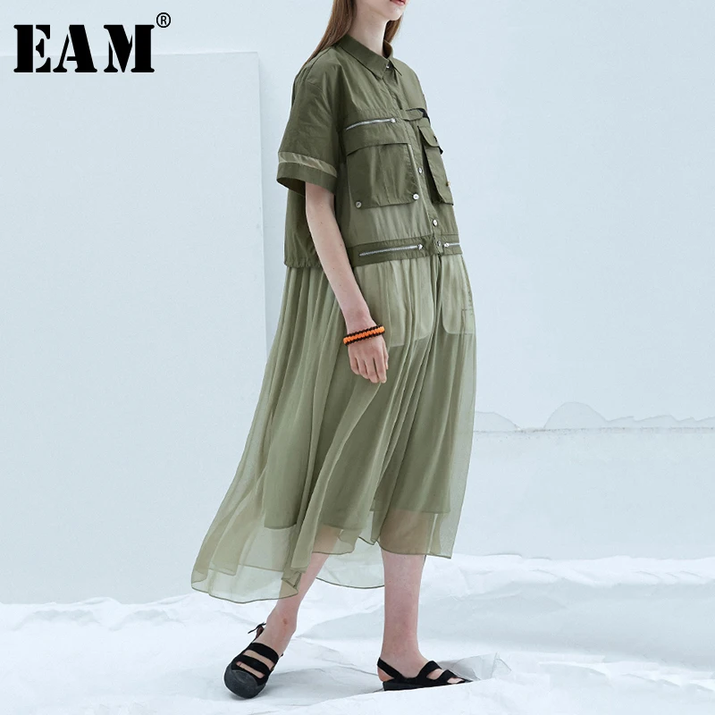 

[EAM] 2019 New Spring Summer Lapel Short Sleeve Army Green Pocket Hem Mesh Loose Temperament Dress Women Fashion Tide JS745