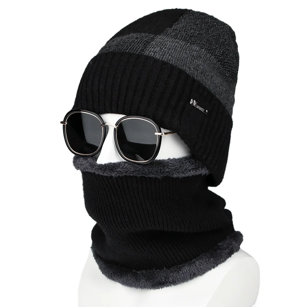 Men Winter Hat Scarf Set Fleece Thick Warm Knitted Caps Ring Scarf