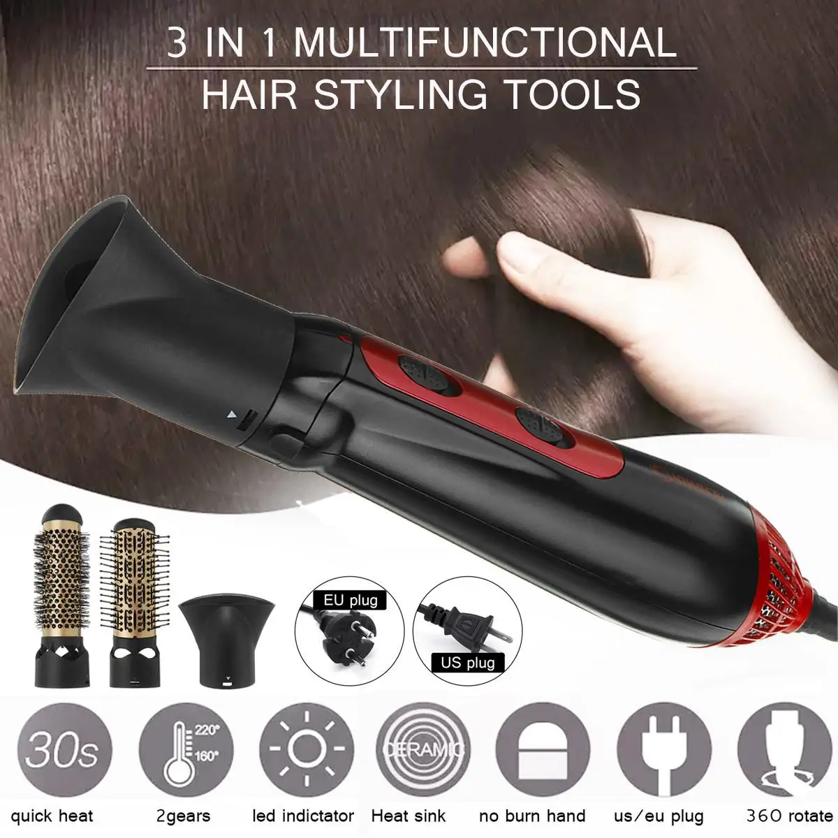 

3 In 1 Multifunction Hair Styling Tools Hairdryer Hair Curler Hair Blow Dryer Comb Fast Straight Hair Brush Volume Curly Comb
