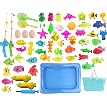 

60Pcs Color Random Magnetic Fishing Pool Pool Basket Puffer Fish Rod Net Toy Set Educational Toy with Large Pool for Children
