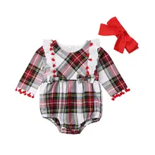 Кружевной клетчатый наряд с длинными рукавами для маленьких девочек, наряд с комбинезоном, размер от 0 до 24 месяцев