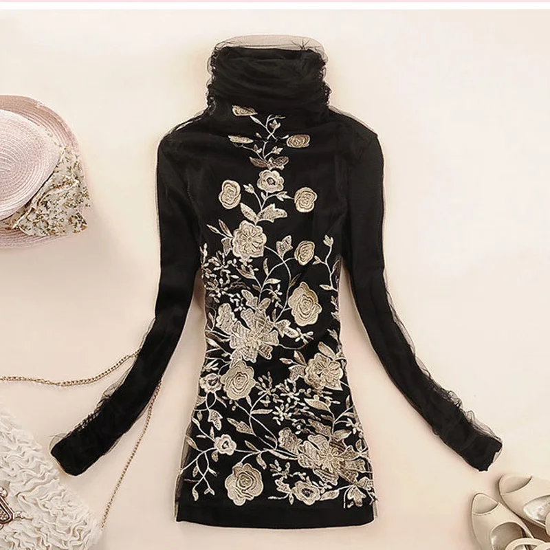

Flower Embroidery Turtleneck Sweater Women Spring Autumn Long Sleeve Knitted Pullover Slim Jumper Sweater Female Mesh Knit Tops