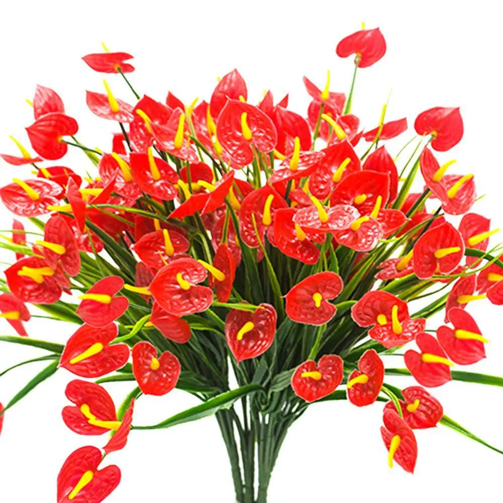 

4 Bunches Artificial Fake Flowers Faux Anthurium Plants Plastic Shrubs Bushes Greenery Indoor Outside Hanging Planter Home Dec