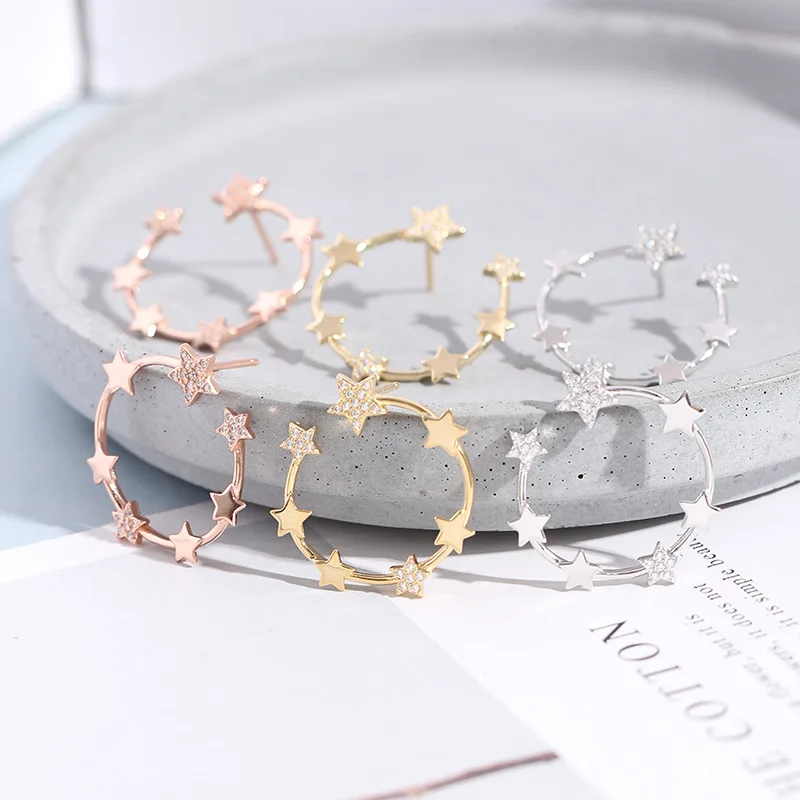 

European And American Zircon Star Five-pointed Star 925 Sterling Silver Personality Exaggerated Ring Large Circle Earring F330
