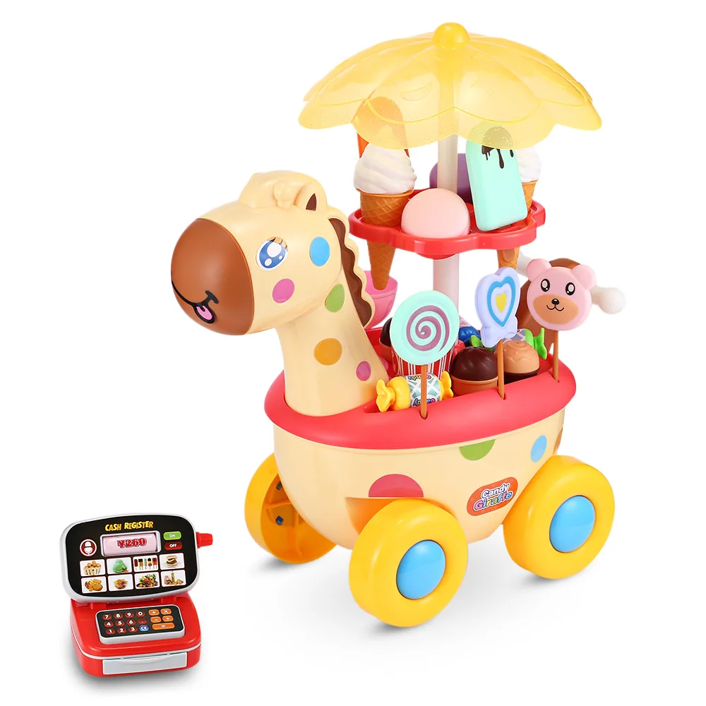 

Kids Pretend Play Toys Giraffe Candy Trolley Simulation Cart Playset Equipped With Candy, Ice Cream Pretend Play Groceries Toy