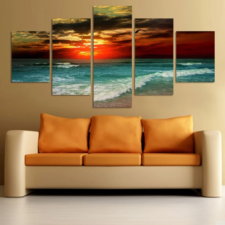 

Wall Art Painting Modular Pictures 5 Panel Wide Sea Sunset Landscape HD Printed Canvas Poster Frame Home Decor Living Room