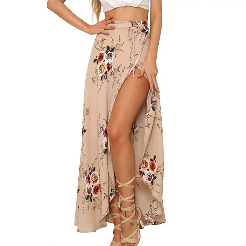 Для женщин летние высота талии Высокая разделение печатных Макси юбка длинные гофрированные шифоновые повседневное Boho