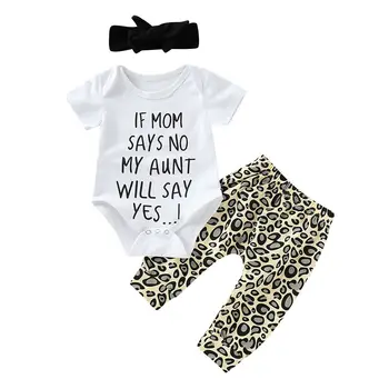 

Summer Newborn Baby Girl Short Sleeve Letter Romper Leopard Print Pants Headband Outfits 0-24M