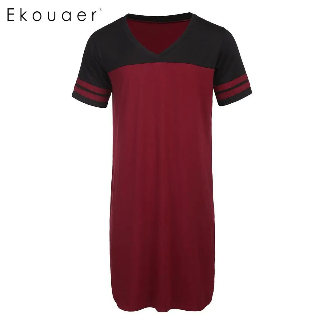 Ekouaer, Мужская одежда для сна, Длинные рубашки для сна, v-образный вырез, короткий рукав, контрастная, длина до колен, ночная рубашка, Мужская Ночная рубашка
