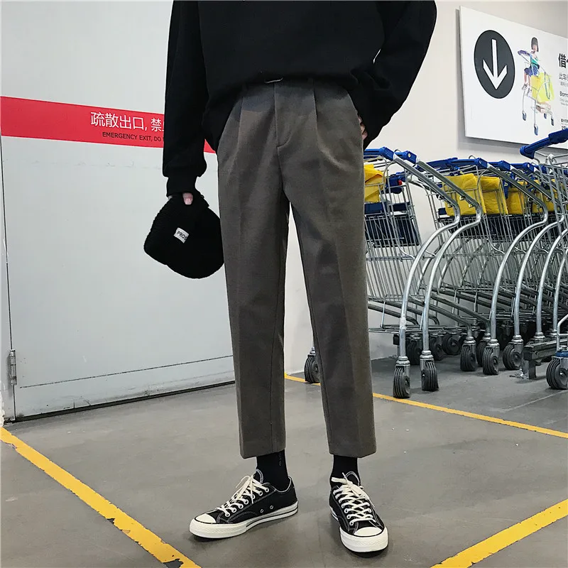 Men's Casual Pants 2019 Spring New Solid Color Personality Nine Points Pants Wool Pants Loose Self-cultivation Men's Trousers