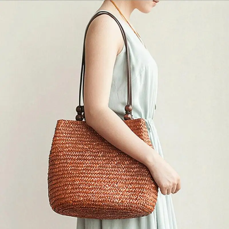 

Women Beach Rattan Woven Tote Bag Summer Bead Travel Straw Shoulder Handbag