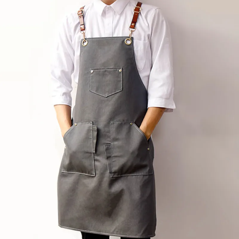 Gray Denim Apron Cowhide Leather Strap Barista Mixologist Pastry Chef
