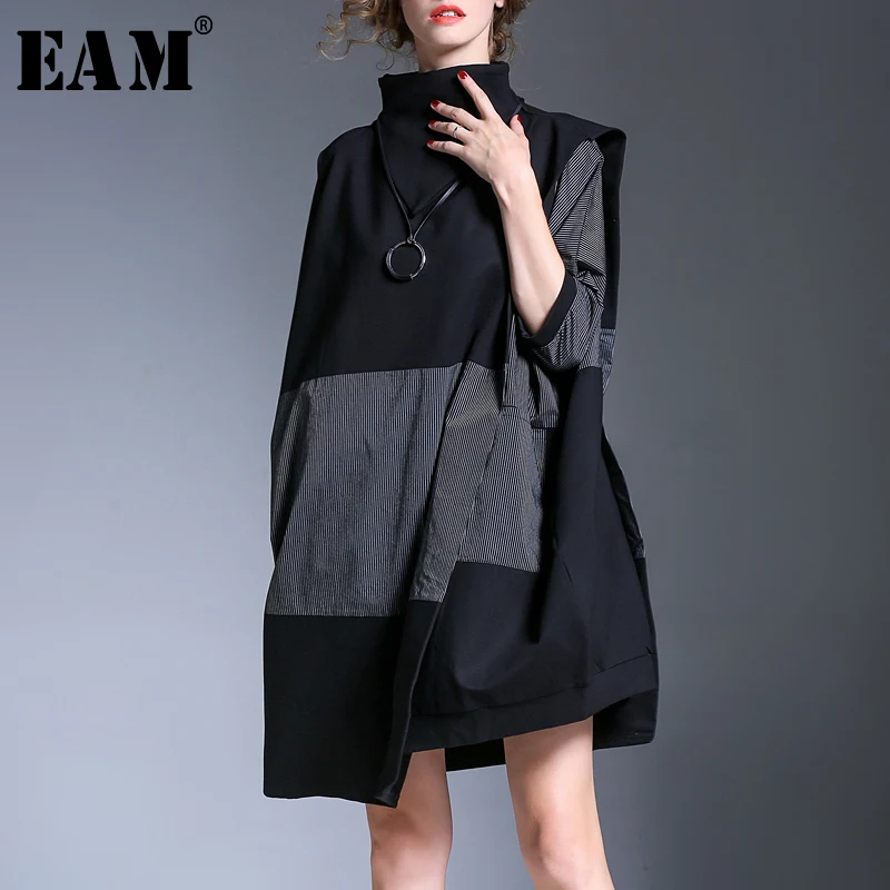 

[EAM] 2019 New Spring High Collar Long Sleeve Hit Color Striped Split Joint Loose Big Size Dress Women Fashion Tide JH055