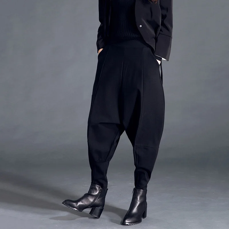 [EAM] новые весенние модные черные повседневные женские штаны-шаровары с высокой талией и эластичными карманами SA155