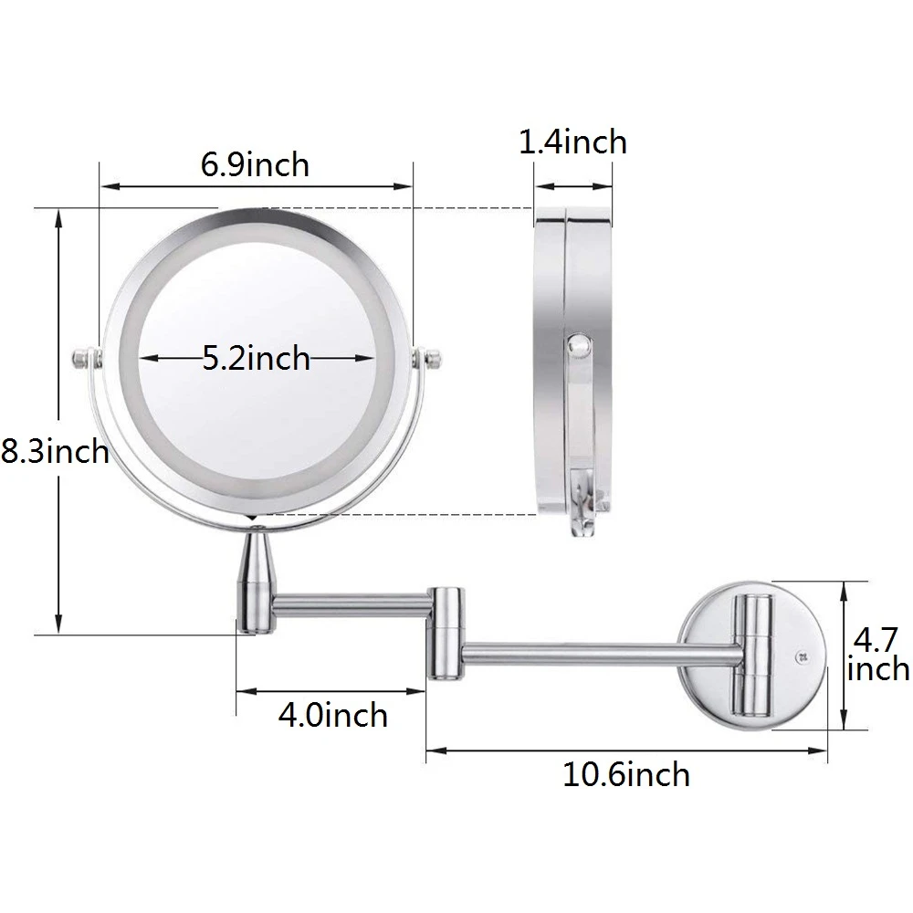 Светодиодный Двухстороннее увеличительное зеркало для макияжа, 6," Диаметр 1X/5X регулируемое настенное вращающееся на 360