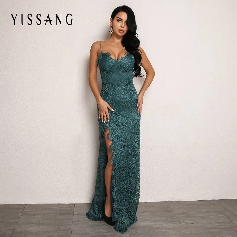

Yissang Spaghetti Strap High Split Dress Women Maxi Sexy Lace Dresses Long Women Dress Elegant Party Club Short Tassels Vestidos