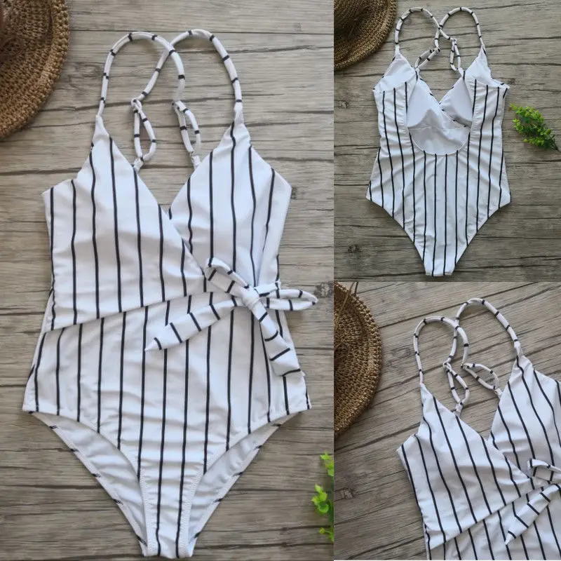 

2019 New Style Fashion Hot Women's Bandage Swimwear Stripe Sexy Swimsuit Push Up One Piece Bikini Bathing