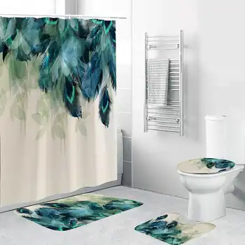 

Waterproof Bathroom Shower Curtain 3PC Anti-Slip Toilet Mats Set Peacock Feather Curtain Shower Sets Easy Cleaning