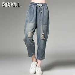 SISPELL Лето Повседневное Свободные шаровары джинсы Для женщин повязку лук с высокой талией с карманами отверстие джинсы прямого кроя Женская