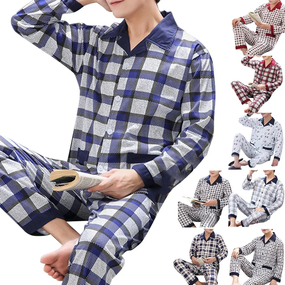 

Plus Size 3XL Men Pajamas Set Spring Plaid Print V-neck Long Sleeve Buttons Warm Pajamas Lounge Pajama Two Piece Set Homewear