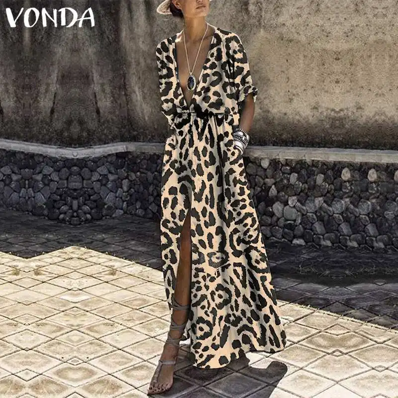 Женское платье с леопардовым принтом VONDA, Осеннее сексуальное платье с v-образным вырезом и высокой талией, длинное пляжное платье макси для вечеринки, повседневные платья размера плюс