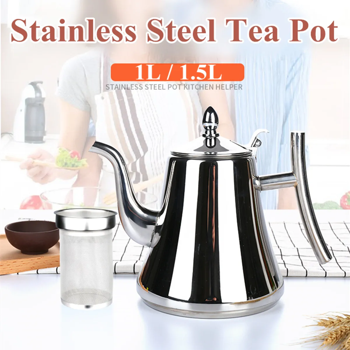 

Stainless Steel Tea Pot Coffee Tea Pot 1L/1.5L Water Kettle With Strainer Infuser Filter Mirror Gloss Finished Removable Teapot