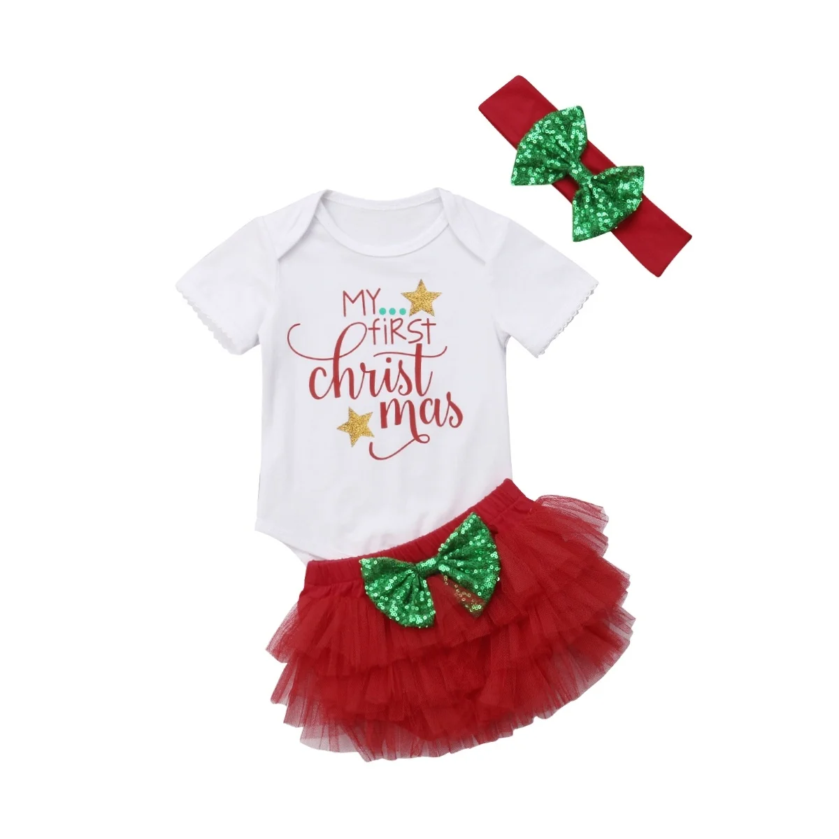 Комплекты рождественской одежды для новорожденных девочек, 3 предмета, комбинезон с короткими рукавами белого цвета с надписью, кружевные шорты и повязка на голову с бантом, для детей 0-18 месяцев