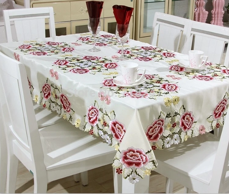 European Elegant Satin Embroidery Floral Tablecloths Handmade