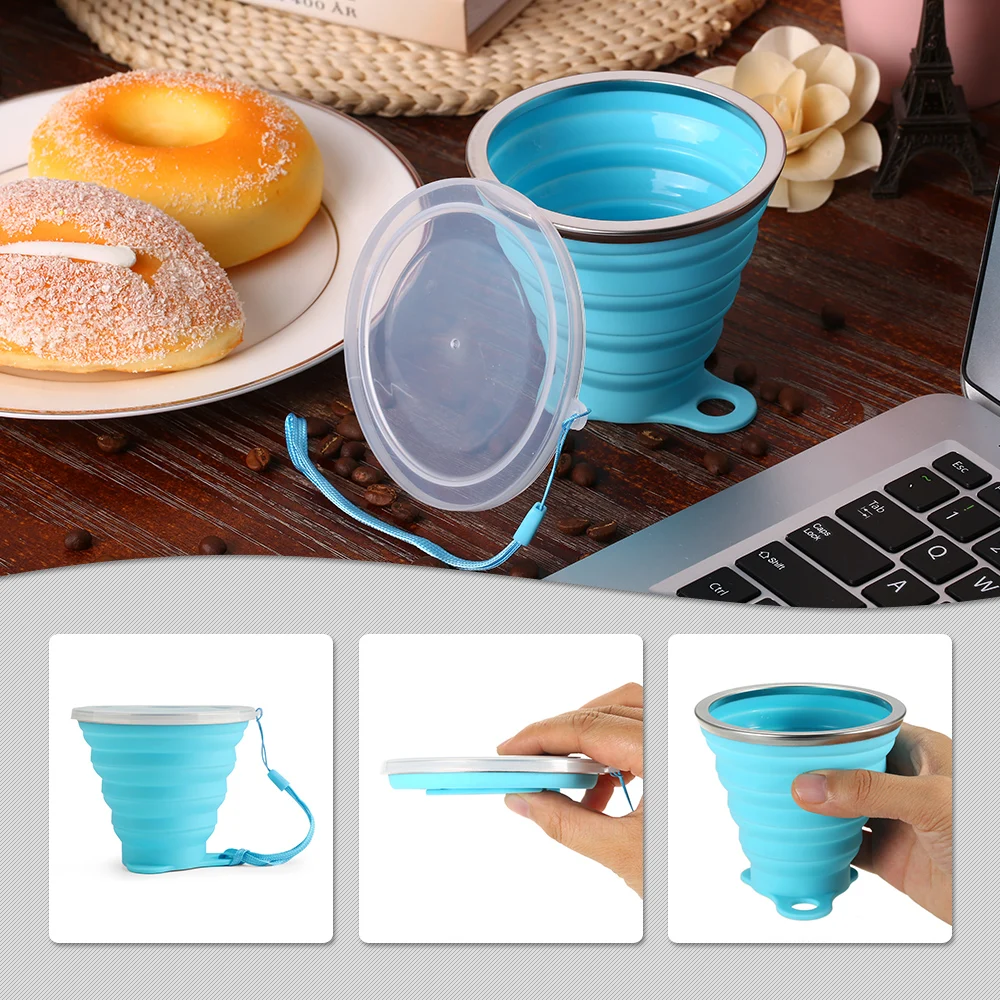 

270ML Collapsible Stretchy Travel Water Cup FDA Approved Silicone Foldable Folding Cup Outdoor Camping Sports Expandable Cup