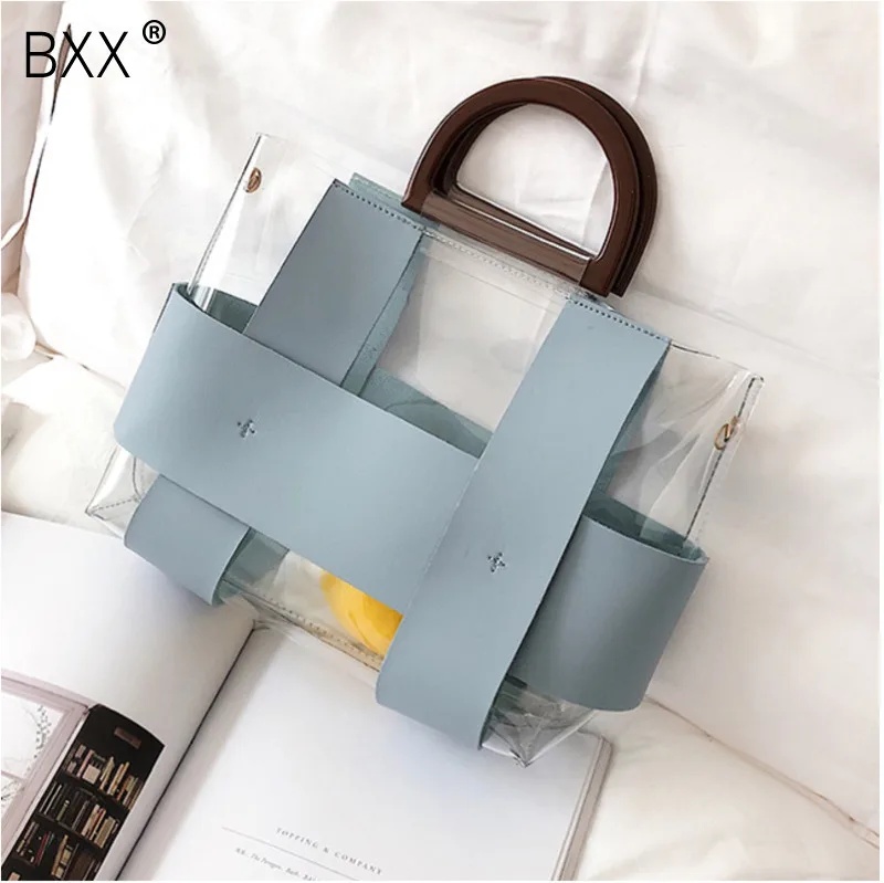 

[BXX] 2019 Woman New Pattern Blue Color Single Strap Double Leather Handles Transparent PVC Shoulder Bag Handbag All-match LM761