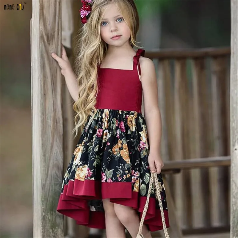 Платье для маленьких девочек; летнее платье принцессы без рукавов на бретельках с цветочным принтом; асимметричное платье; детская одежда; От 1 до 5 лет