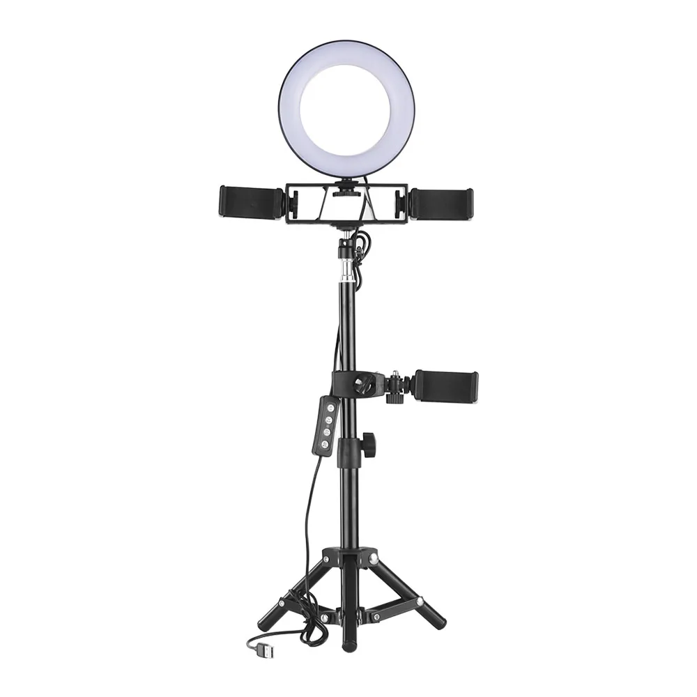 

6 Inch Desktop Mini LED Ring Light 3 Light Modes&Dimmable Brightness with Tripod Stand 3 Cell Phone Holders Camera Lighting Kit