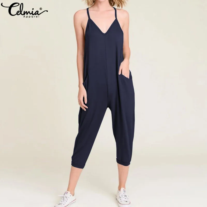 

Celmia 2019 Summer Women Sexy Jumpsuits Straps Casual Loose Plus Size Overalls Sleeveless Beach Playsuits Harajuku Rompers