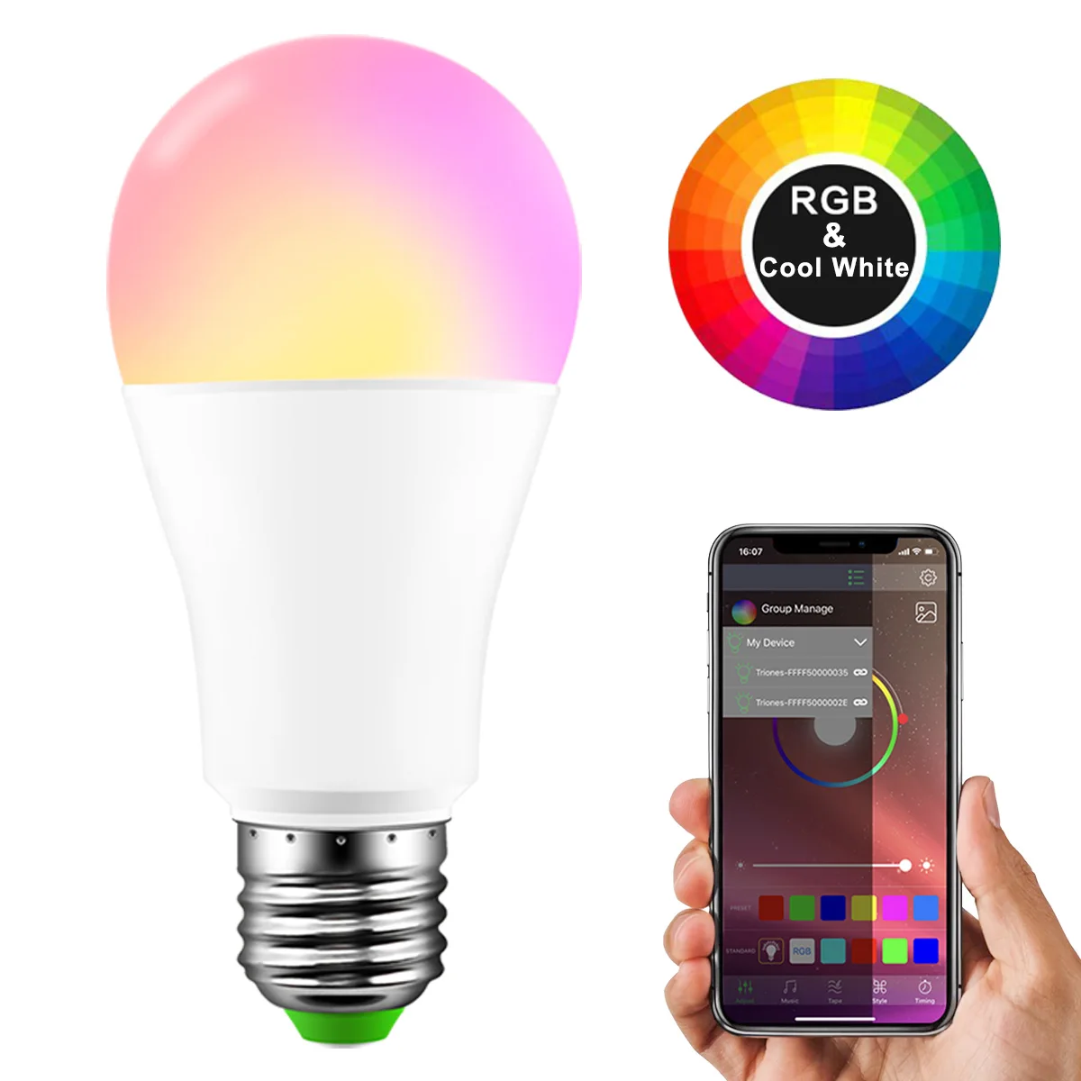 

Smart Remote Control Bluetooth Smart LED Light E27 15W RGBW Voice Music Control Lighting Lamp Multiple Colors LED Bulb