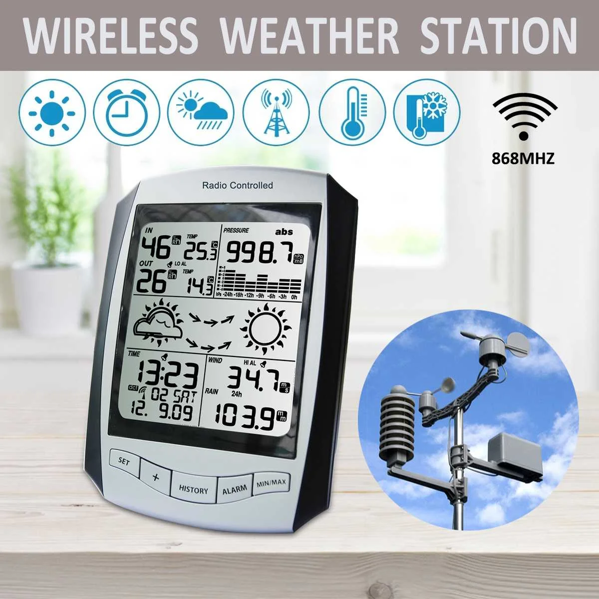 

Weather Station Wireless Indoor Outdoor Wind Speed/ Direction Temperature Humidity Rain 868Mhz Thermometer Hygrometer Predict