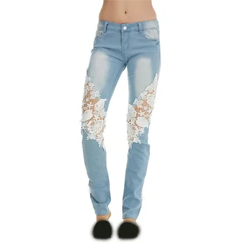 

Plus Size Lace Patchwork Low-Waist Skinny Jeans Women Streetwear Fashion Hollow Lace Jeans Denim Long Pencil Pants