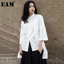 [EAM] новая весенне-летняя рубашка с рукавом три четверти и одной пуговицей, имитация двух частей, женская модная блуза 1C108