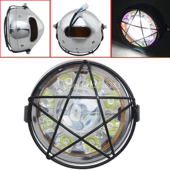 

Chrome 6.5" Motorcycle LED Headlight With Angel Eye Grill Cover Mount Cafe Racer New