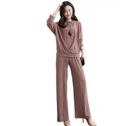 2019 Для женщин рубашки брюки из двух частей Для женщин с длинным рукавом корейский Повседневное пальто женский черный в полоску брюки