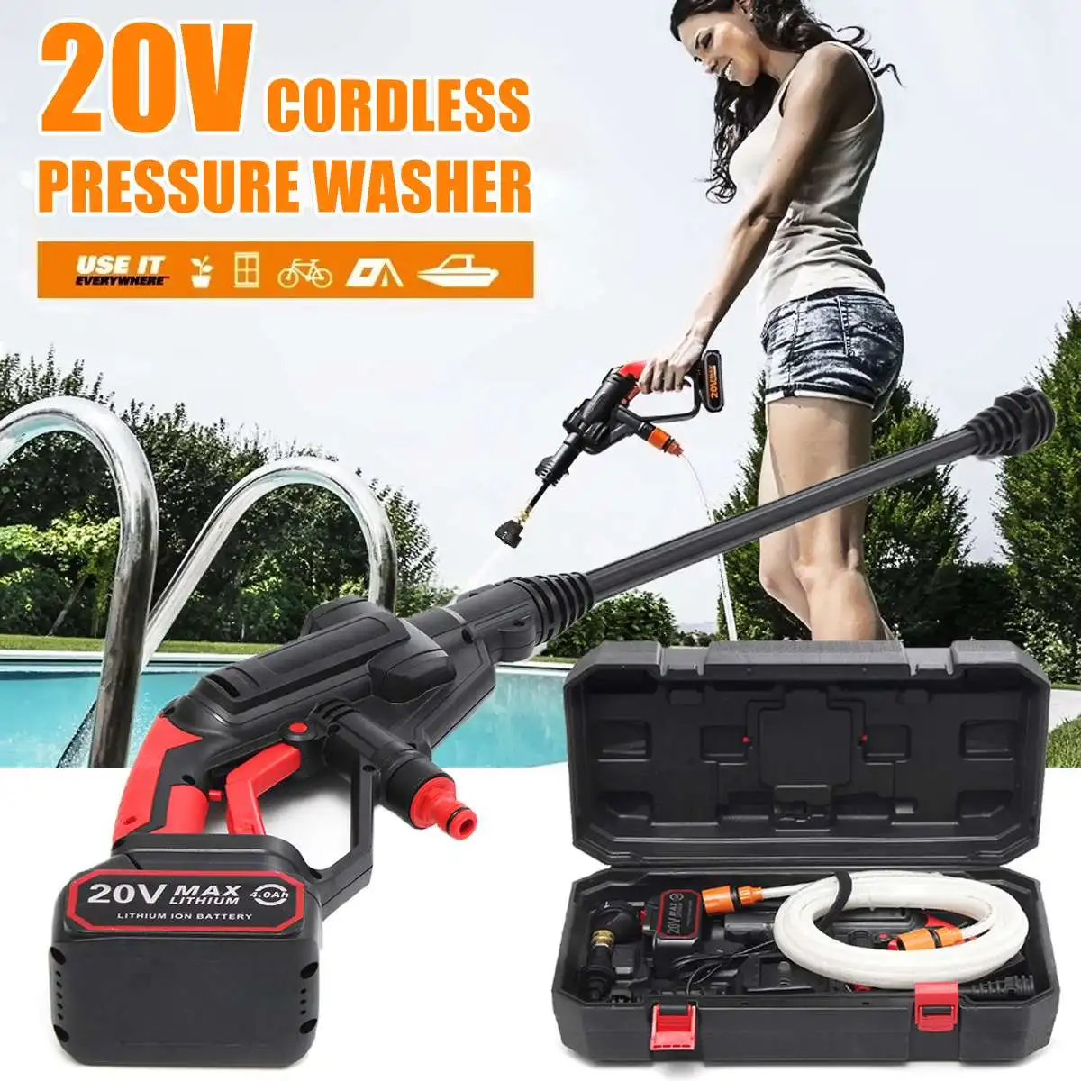 

Cordless Portable Water Cleaner Li-ion 320psi 20V Pressure Washer Hose Nozzle Cleaner Spray-Gun for Car Cleaning